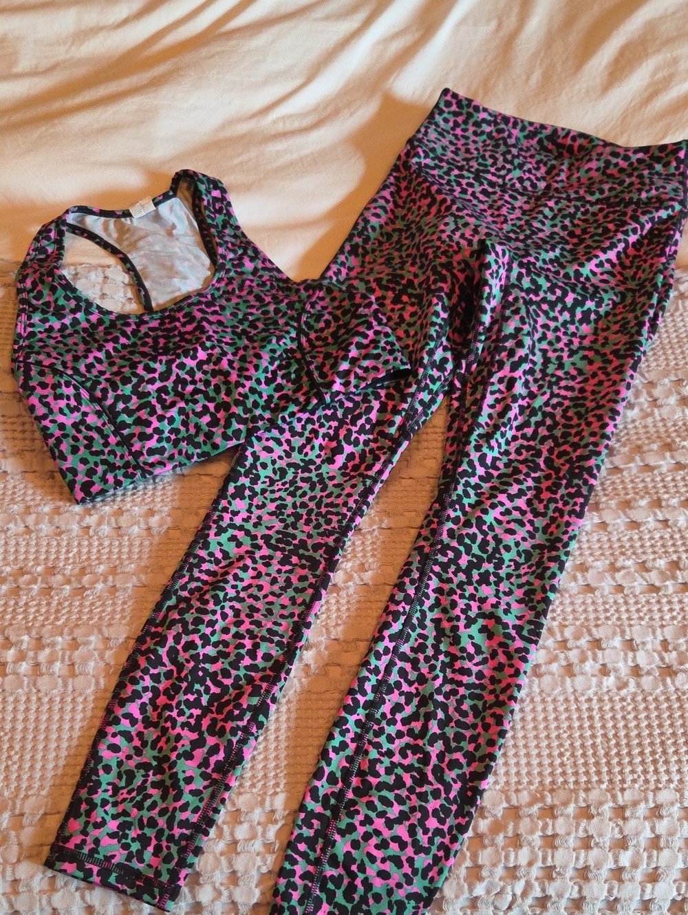 Fabletics Pink & Green Animal Print Sports Bra and Leggings Set
